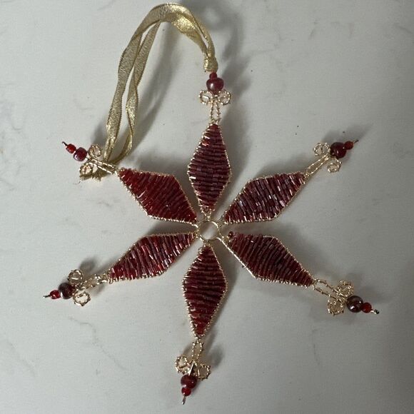 Czech Beaded Snowflake Christmas Ornament Red Bead Holiday Decor - Picture 10 of 10